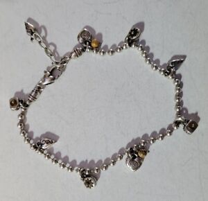 Brighton TIDDLYWINKS Silver Heart Circle Oval Charms Brown Beads Anklet, EUC
