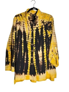 John Mark XL Tie-Dye Style Shirt Yellow Button Up Roll Tab Wire Collar Boho I9 - Picture 1 of 9