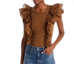 Veronica T-Shirt Bardot Baumwolle Rüschen Pilz Größe S braun - Bild 1 von 6