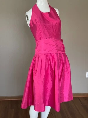 VTG 80'S SILK FUCHSIA PINK HALTER FIT FLAIR COCKTAIL PINUP PARTY DRESS SIZE 4 - Image 1 of 4
