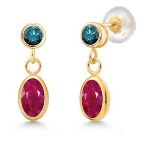 14K Yellow Gold Ruby and Blue Diamond Drop Dangle Earrings For Women (1.40 - Picture 1 of 4