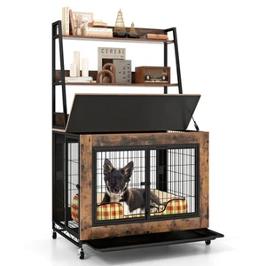 Dog Crate Furniture with Storage Shelves Industrial Dog Kennel w/ Flip-up Top - Picture 1 of 10