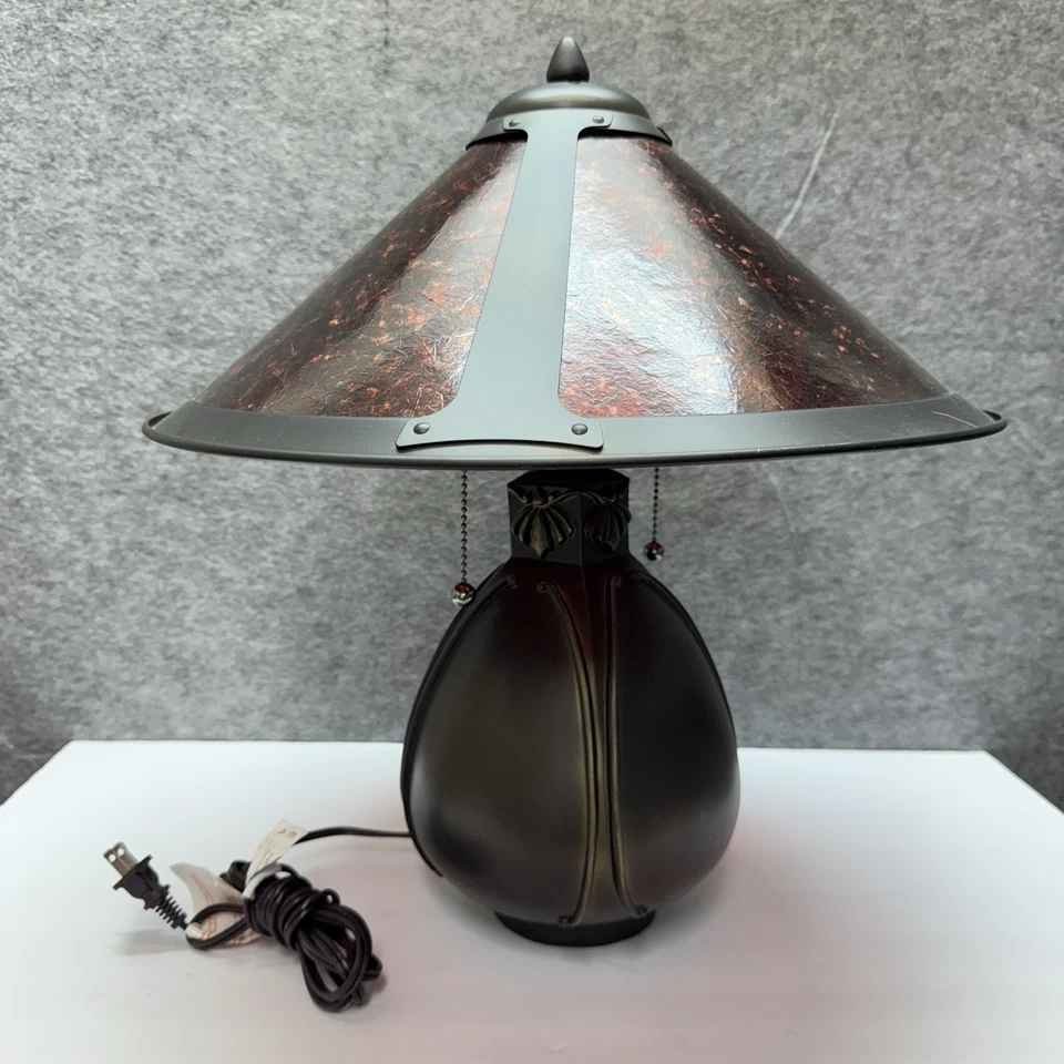 Mission Rustic Table Lamp 19” Mica Shade Bronze Dual Pull Chain - Image 1 of 4