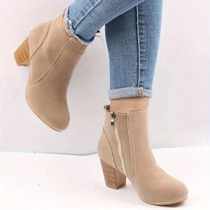 Botas De Ante Cuero Para Mujer Zapatos Sólidos De Tacón Grueso Botines Invierno - Bild 1 von 15