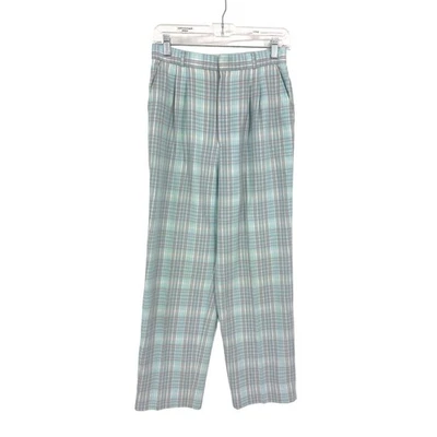 Vintage 90s Pants Womens 27" Straight Leg Pleated Front Blue Gray Plaid Cropped - Image 1 of 4