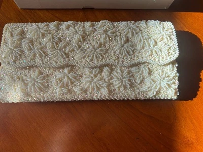 Beaded Sequin Clutch Purse Formal Vintage Ivory Satin Seed Pearl NIB - Image 1 of 4