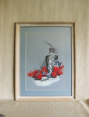 Pintura floral vintage surrealista bodegón acuarela mediados de siglo enmarcada original Foto 1 de 4