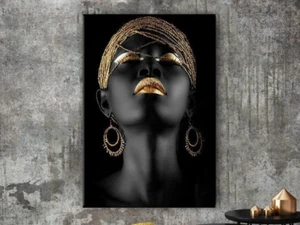 African Woman Canvas Wall Art, Black Gold Portrait, Glam Modern Wall Decor - Picture 1 of 5