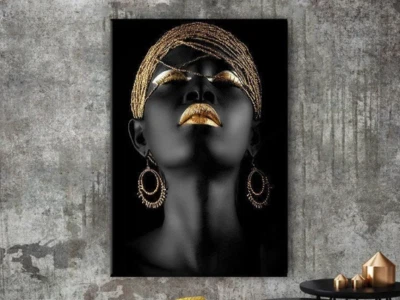 African Woman Canvas Wall Art, Black Gold Portrait, Glam Modern Wall Decor - Image 1 of 4