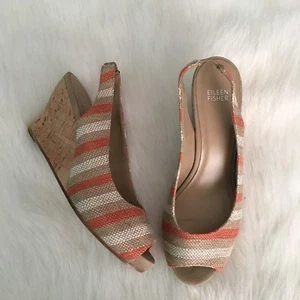 Eileen Fisher Shoes 9 Cork Wedges Melon Natural Striped Textured - Picture 1 of 12