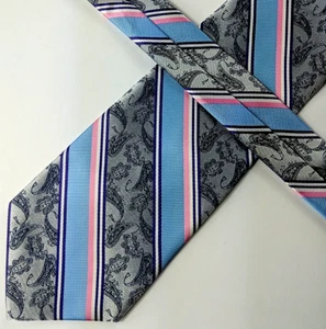 Roberto Lorenzo Mens Tie, Gray Paisley w/ Blue & Pink Repp Stripes, Microfiber - Picture 1 of 9