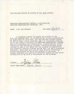 STEVE ALLEN HAND SIGNED ABC CONTRACT FROM 1983 WITH COLOR PHOTO+COA RARE - Picture 1 of 2