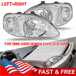 For 1999-2000 Honda Civic 2/3/4 Door EK/EJ/EM/JDM Chrome Headlights Left+Right