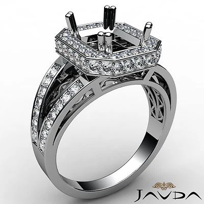 Emerald Cut Semi Mount Halo Pave Diamond Engagement Ring 18k White Gold 0.84Ctw - Image 1 of 4