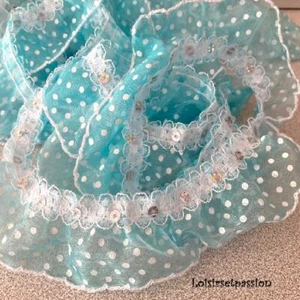 DENTELLE ORGANZA SEQUIN PLISSÉE 2 rangs * 40 mm * PLUMETIS BLEU x 50 cm - DF11 - Picture 1 of 1