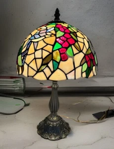 Tiffany Style Table Lamp Stained Glass Bird Grape Vintage H19” W12” NEW - Picture 1 of 11