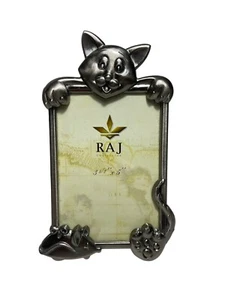 Vintage Happy Cat & Toy Mouse 3.5”x5” Picture Photo Frame Silver Tone Desk RAJ - Picture 1 of 8