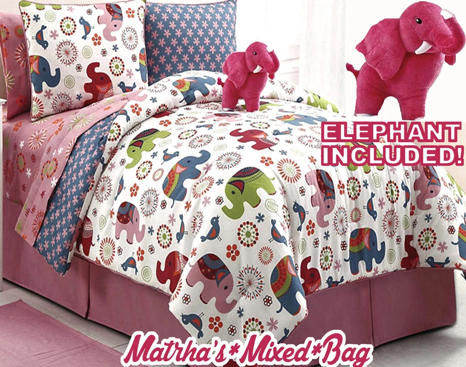 Girl Pink Zoo Safari Elephant Floral Twin/Full Comforter Sheet Set+Plush Animal - Image 1 of 4