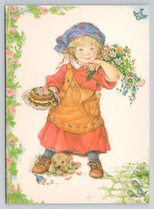 Girl Holding Cake Flowers Puppie Laying Next To Her Foot Lisi Martin Postcard - Picture 1 of 2