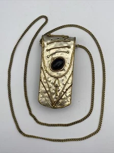 Compact Art Deco Bohemian Metal Pillow Purse With Onyx Stone & Shoulder Chain - Picture 1 of 12