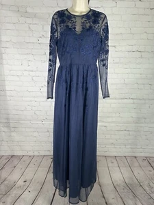 Asos Blue Embroidered Semi Sheer 3/4 Sleeve Long Gown Bridesmaids Dress Womens 8 - Picture 1 of 13