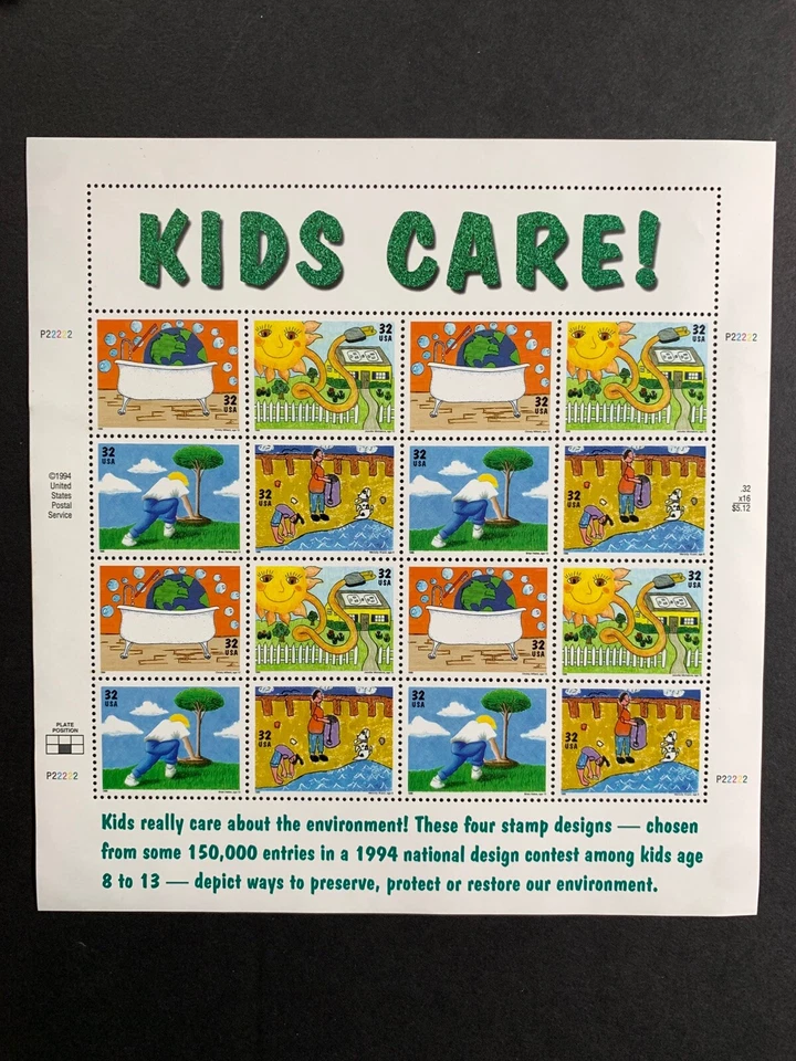 U.S. Stamps SC #2951-2954a. Earth Day - Kids Care. 32¢ Pane of 16 Stamps - Image 1 of 1