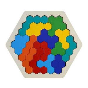 Hexagon Tangram Wooden Puzzle Brain Teaser Mind Game Geometry Logic Kids Gift - Picture 1 of 5