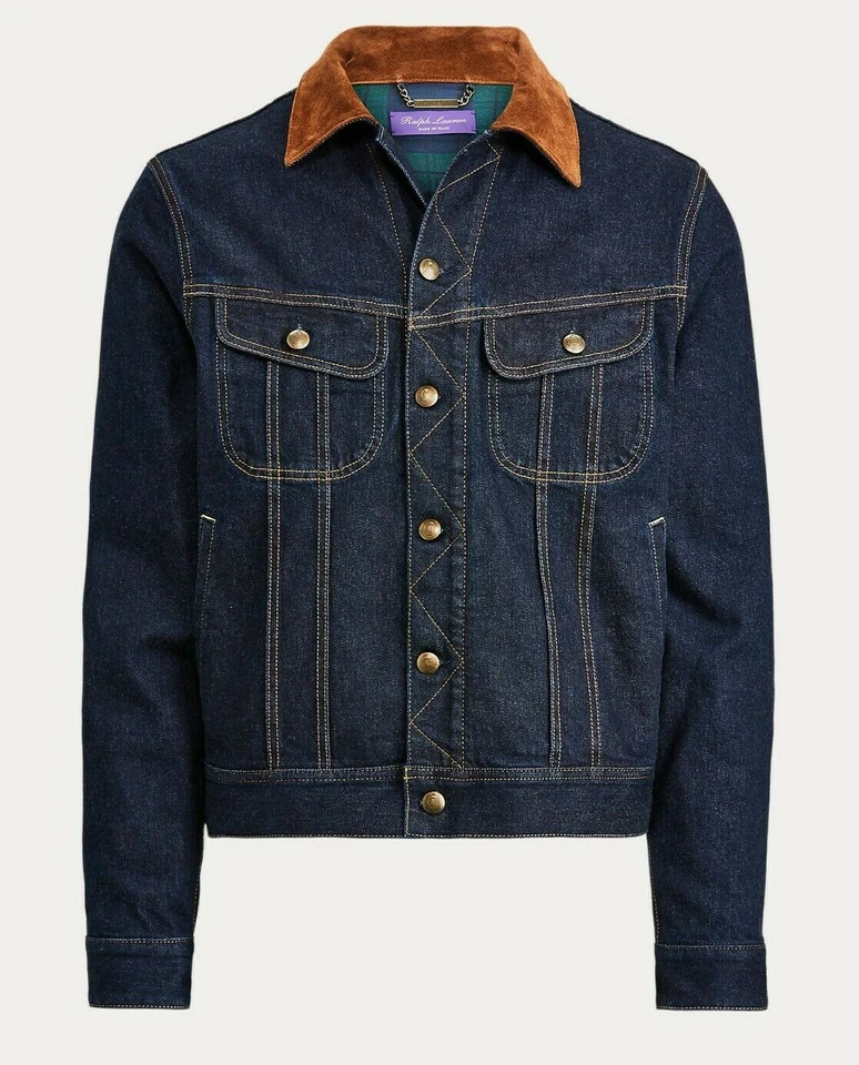 Chaqueta de Camionero Ralph Lauren Etiqueta Púrpura Italia Delgada Cuero Gamuza Índigo Denim Foto 1 de 4