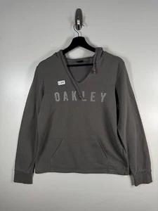 Oakley Womens V Neck Spell Out Logo Pullover Sweatshirt Hoodie Gray Sz L 21x25 - Picture 1 of 9