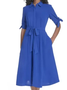 NWT Calvin Klein Women's Tie Waist Button Shirt Dress w/Pockets, Blue, sz 8 - Picture 1 of 10