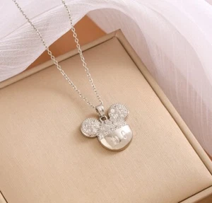 Titanium Silver/Gold Disney Mickey Mouse Pave CZ Pendant Chain Necklace - Picture 1 of 3