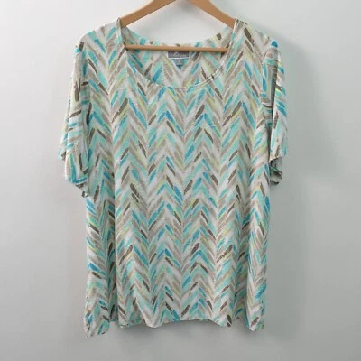 JM Collection T-Shirt Womens 1X Short Sleeve Teal Brown Stretch - Image 1 of 4