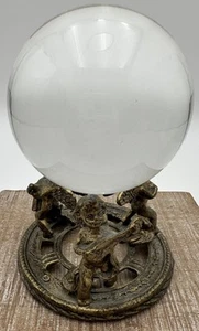 VINTAGE 3" CRYSTAL BALL COLLECTIBLE WITH Brass Cherub Stand - 5 Inches Tall - Picture 1 of 8