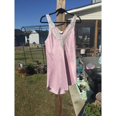Vestido sin Mangas Vintage Para Mujer Satén Rosa Encaje Camisón Chemise Lencería Coqueta Talla M Foto 1 de 4