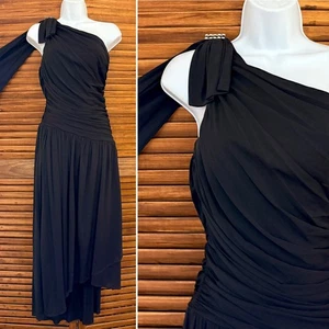 Vintage Casadei One Shoulder High Low Hem Black Ruched Cocktail Dress 8 - Picture 1 of 9