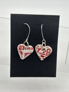 Handmade 925 Silver Porcelain Earrings Red White Hook Artisan Heart Christmas - Picture 1 of 6