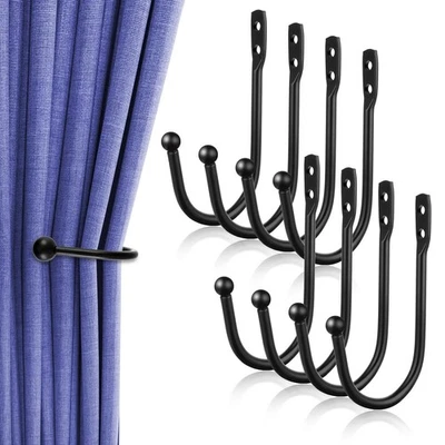 8 Pcs Black Metal U Shaped Curtain Pull Backs Wall Mounted Curtain Hooks with - Image 1 of 4