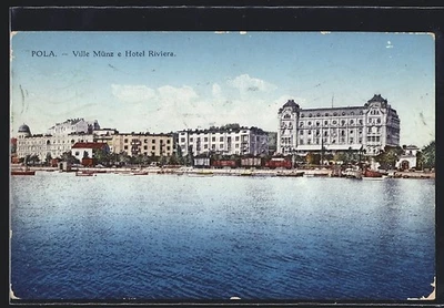 Pola, Ville Münz e Hotel Riviera, vista lago, cartolina 1913  - Immagine 1 di 2