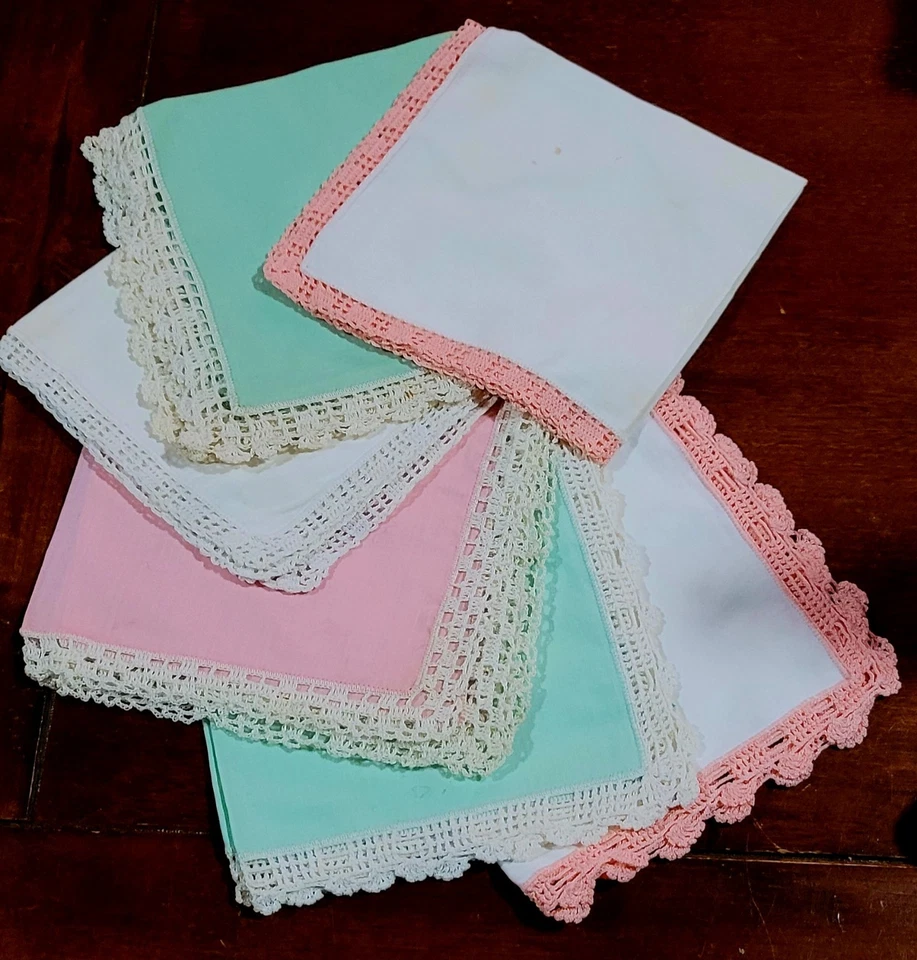6 Vintage Hand Crochet Edge Handkerchiefs Hand Made Pink Green - Image 1 of 4