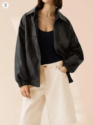 女式大码黑色皮革夹克,真皮羊皮轰炸机夹克 — 第 1/4 张图片