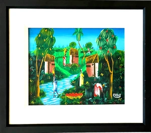 Listed Artist Signed MARCEAU SANON Framed Painting Haitian Village River Scene - Picture 1 of 7