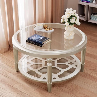 32-дюймовый круглый стеклянный журнальный столик с местом для хранения, 2-уровневая современная центральная вкладка для шампанского... - Изображение 1 из 4