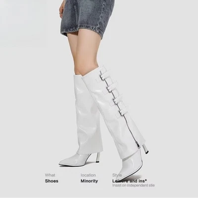 Nuevas botas de tacón alto para mujer con hebilla en punta de cuero genuino botas largas de club Foto 1 de 4