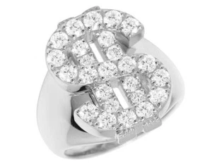 Men's 10K White Gold Dollar Sign 2.7/25CT Real Diamond Prong Pinky Ring 17MM - Picture 1 of 5