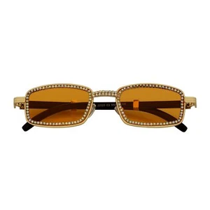 BLING TWO - Rhinestone Retro 90s Metal Rectangle Sunglasses Gold Orange Lens - Picture 1 of 10