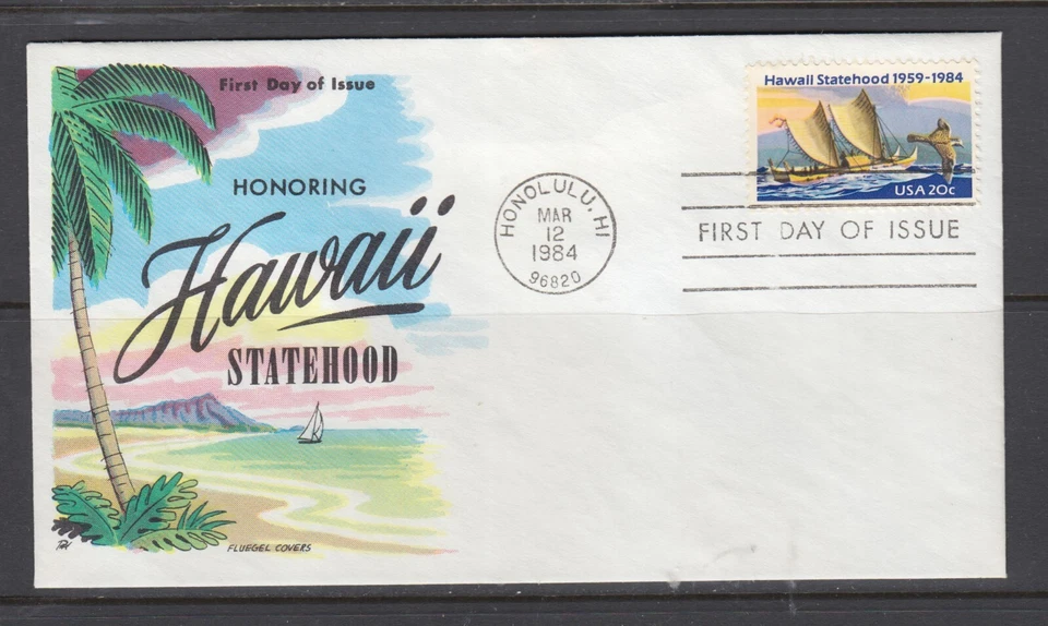 US Sc 2080 FDC. 1984 20c Hawaii Statehood, Fluegel cachet, unaddressed, fresh - Image 1 of 1