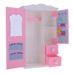 Dolls Cloest Wardrobe with Mirror For Barbie Doll Bedroom Set Toys Pink Modern - Picture 1 of 12
