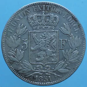 BELGIUM LEOPOLD I 5 FRANCS 1851 SILVER SILVER COIN NUMISMATIC COLLECTION - Picture 1 of 2
