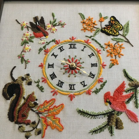 Antique Embroidered Stitch Battery Operated Clock Wood & Glass Case WORKS Cover