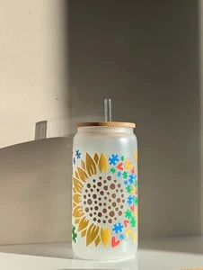 16 Unzen Milchglas Libbey Dose mit Bambusdeckel, Glas Strohhalm und Reinigungsbürste - Bild 1 von 2